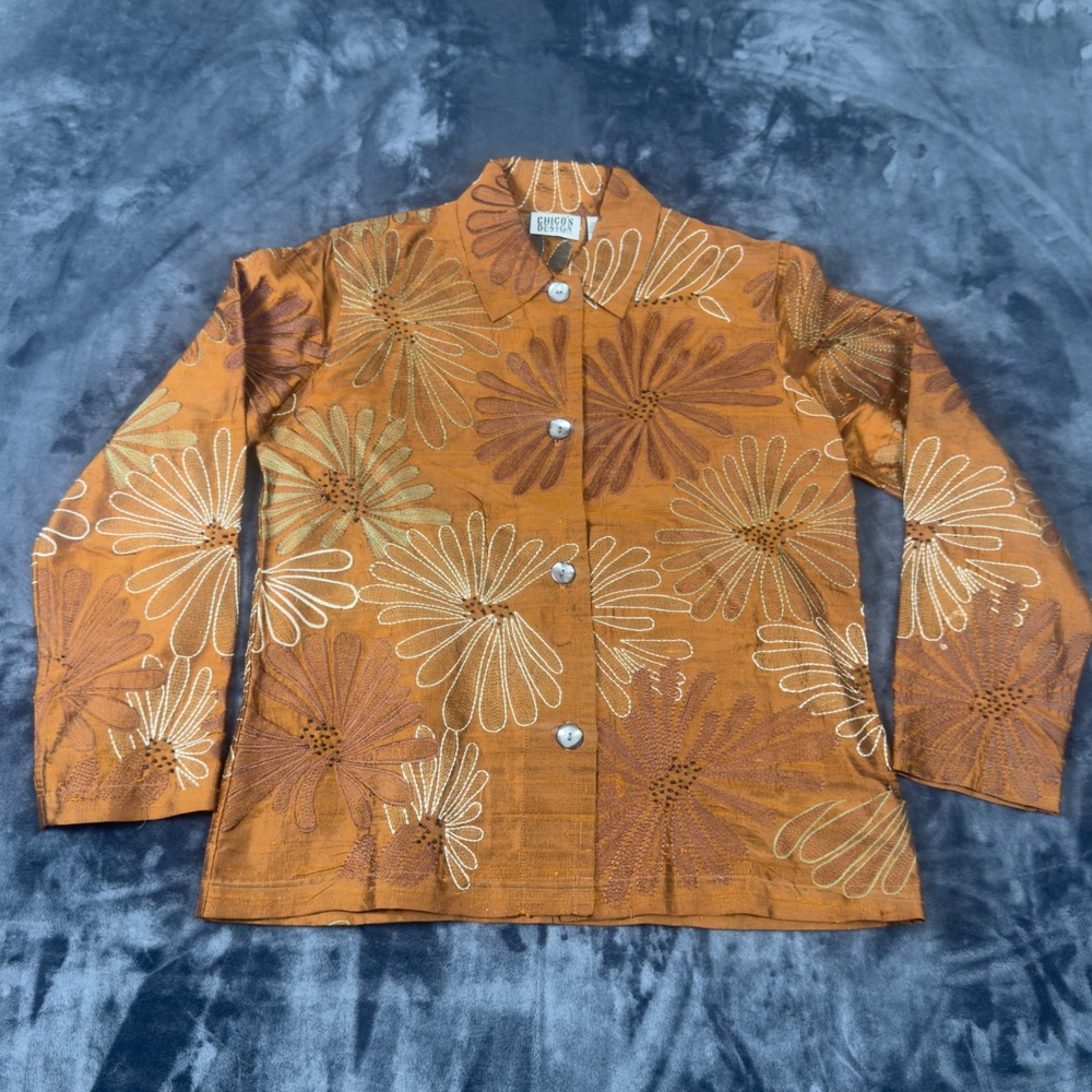 Chico's Design Silk Embroidered Shirt Womens Size 0 Orange Floral Beaded Blouse